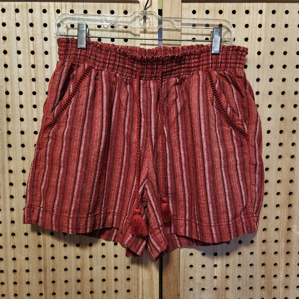 Briggs Womens Red Striped Linen Blend Pull On Shorts Tassel Tie Boho Large